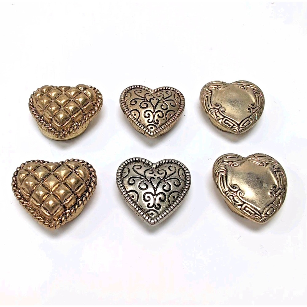 VTG Heart Button Covers Lot of 6 - 5 Gold Tone + 1 Silver Tone Filigree Quilted